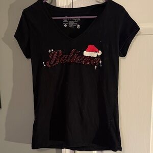 L.O.L. Vintage Black V-Neck Tee with Red and White Santa Hat Accent